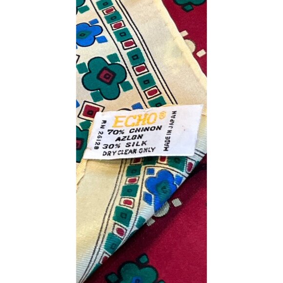 Vtg 1970’s ECHO Scarf Chinon Azlon Silk Scarf Maroon Blues Yellow Floral Japan - Picture 3 of 10